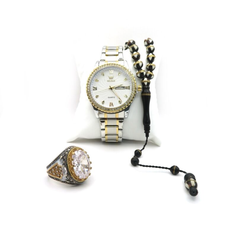 مجموعة رجالية: خاتم من الفضة الاسترلينية عيار 925، وساعة Elements الفاخرة، ومسبحة Fatura المكونة من 33 حبة.