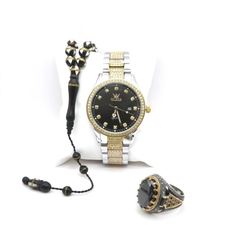 مجموعة رجالية: خاتم من الفضة الاسترلينية عيار 925، وساعة Elements الفاخرة، ومسبحة Fatura المكونة من 33 حبة.